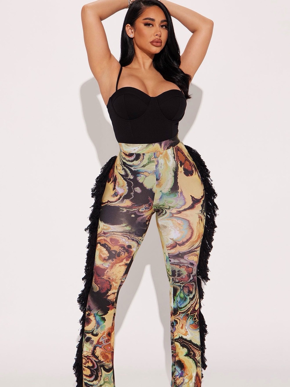 Fashion Nova Black Multicolor Marble Flare Pants with Fringe
